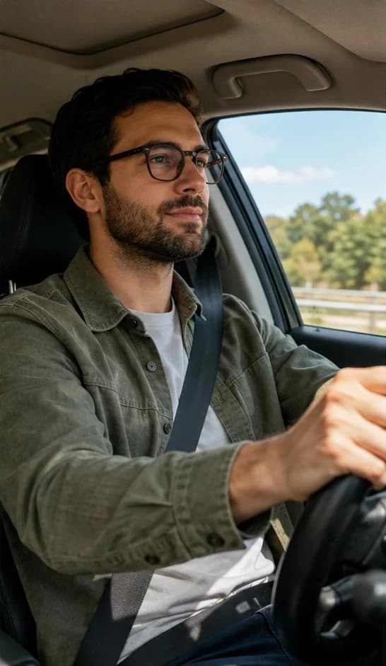 Motorista usando óculos com boa nitidez na estrada