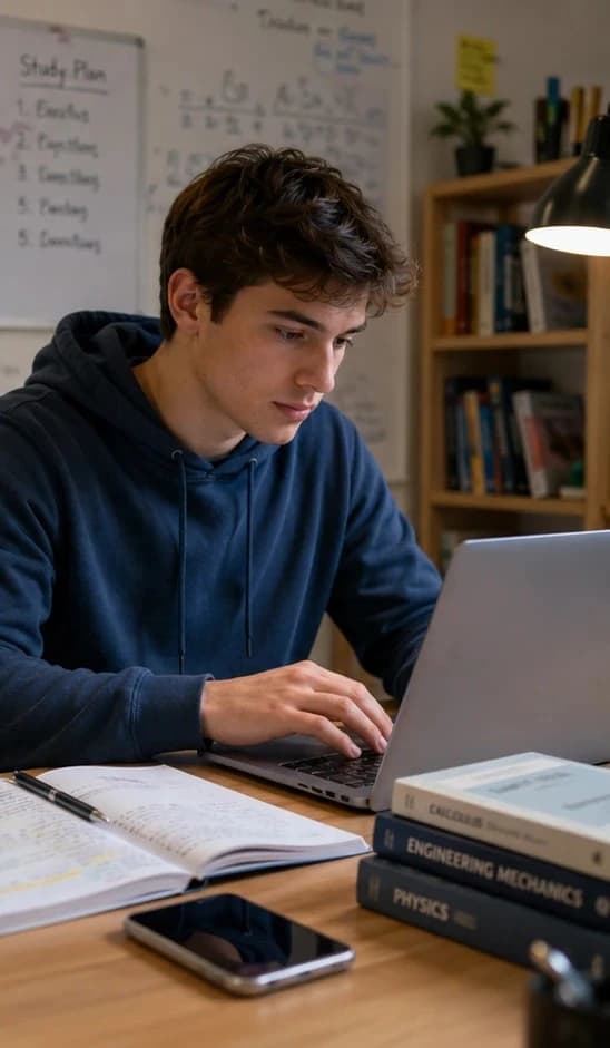 Estudante usando notebook e livros com foco visual